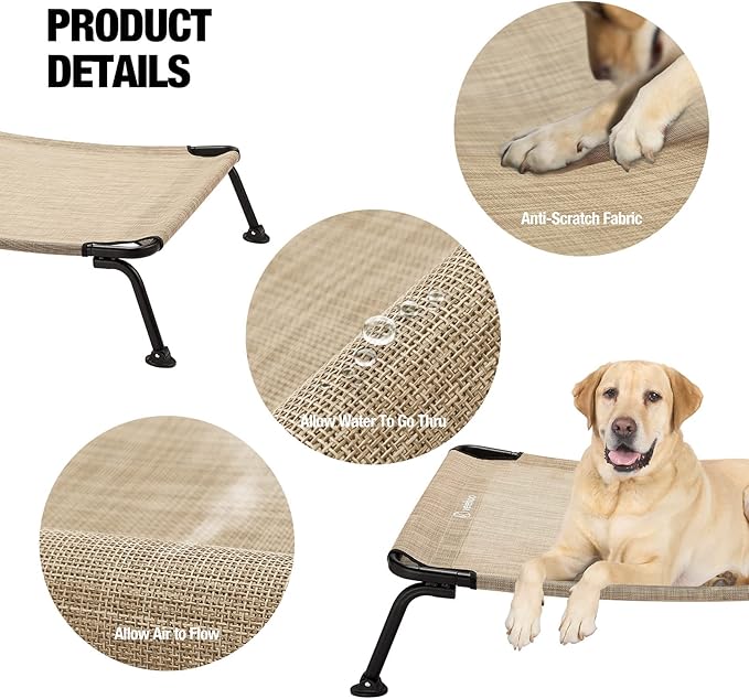 Veehoo Outdoor Elevated Dog Bed, Cooling Raised Dog Cot Bed XL, Portable Waterproof Curved Dogs Hammock Beds for Outside, up to 150lbs, Black Legs, Beige 49"