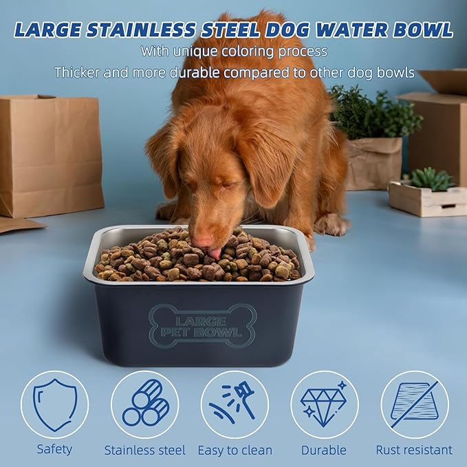 3 Gallons Large Dog Water Bowl, High Capacity Stainless Steel Dog Bowls, Indoor Outdoor Water Bowl for Dogs Metal Pet Food Dish for Medium Large Giant Breed Easy to Clean (Blue)