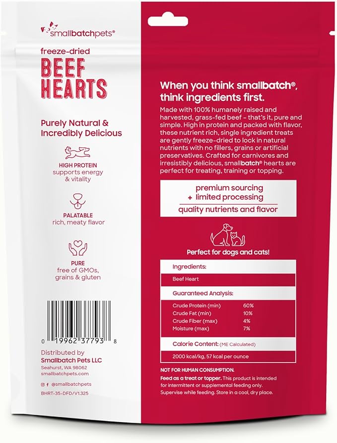 smallbatch Pets Premium Freeze-Dried Beef Heart Treats for Dogs and Cats, 3.5 oz, Made and Sourced in The USA, Single Ingredient, Humanely Raise Meat, No Preservatives or Anything Artificial Ever