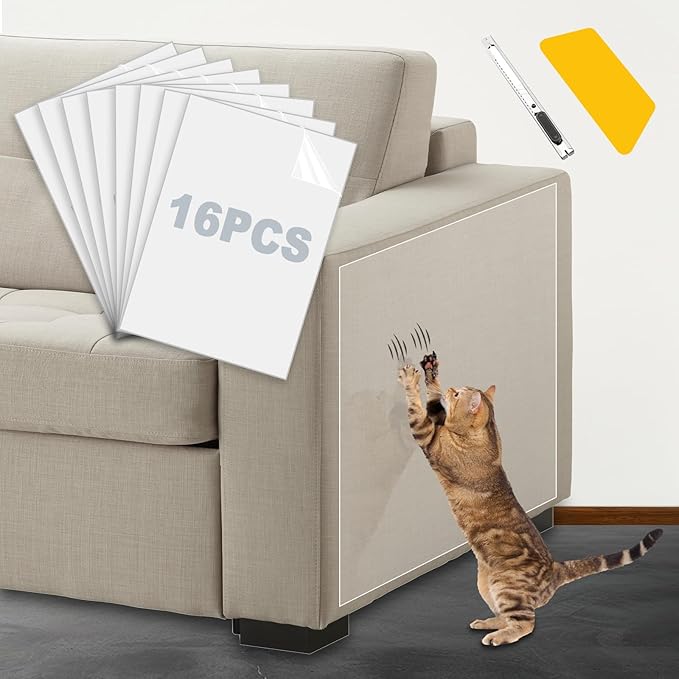 Cat Scratch Furniture Protector 17x11.8 in, 16 Pack Self-Adhesive Single Side Couch Protector from Cat Claws, Furniture Protectors from Cats, Anti Scratch Sticky Tap, No Pins