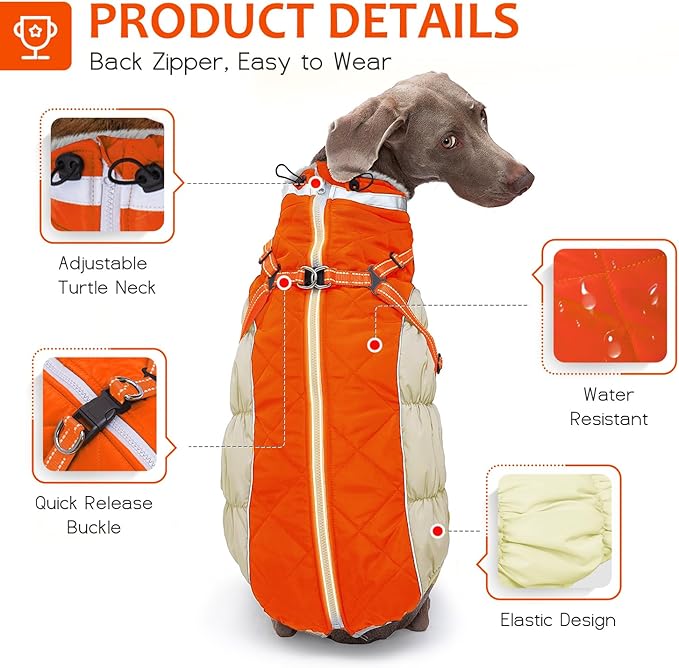 Dog Winter Coat with Harness, Dog Jacket, Pet Clothes with Zipper on Back, Waterproof Windproof Warm Vest, Reflective Cold Weather Coats, for Small Medium Large Dogs, Thick, Orange, M