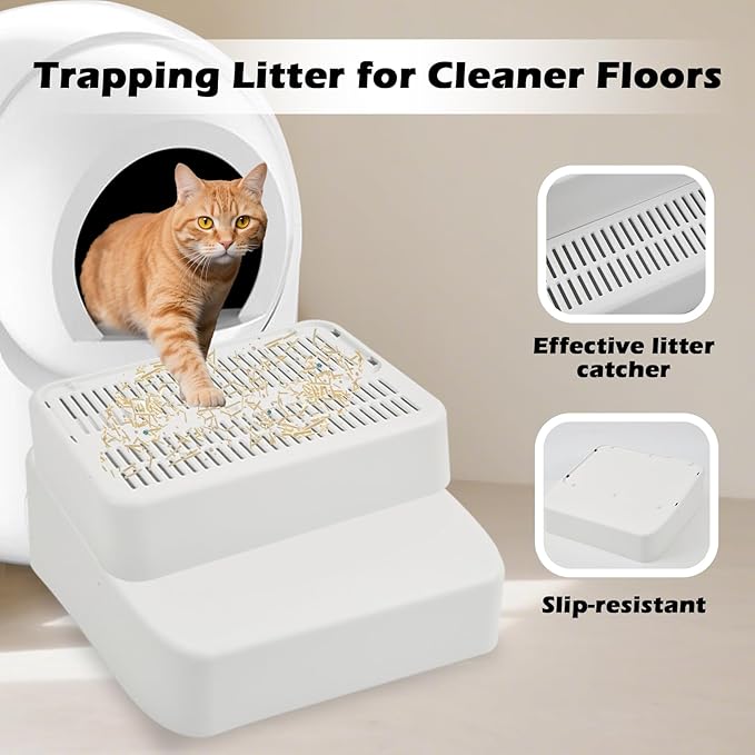 SpaceTime Elevated Litter Box Ramp/Step/Catcher Cat Litter Mat with Filter Function,Detachable Kitty Trapping Pad for Floor,Non-Slip Cat Box Mat for Indoor Kittens & Senior Cats,Easy to Clean (White)