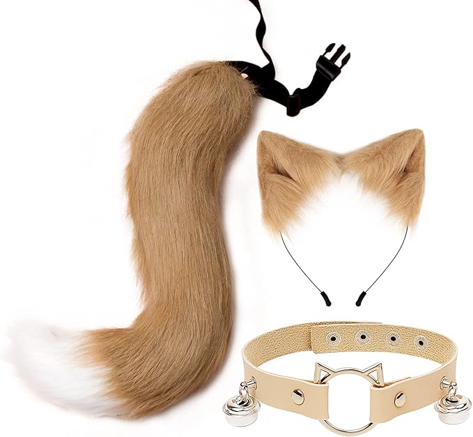 Cat Ears and Wolf Fox Animal Tail Cosplay Costume Faux Fur Hair Clip Headdress Halloween Leather Neck Chocker Set