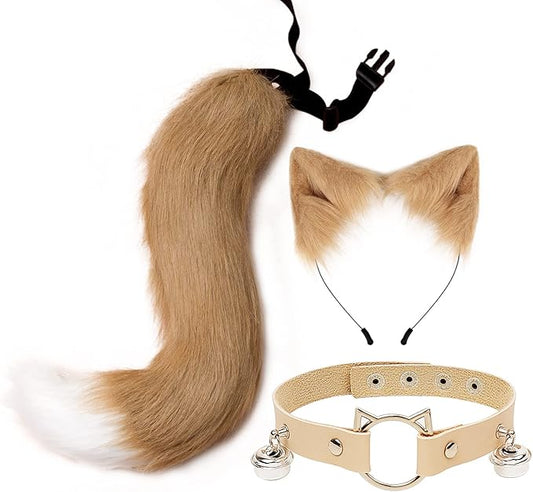 Cat Ears and Wolf Fox Animal Tail Cosplay Costume Faux Fur Hair Clip Headdress Halloween Leather Neck Chocker Set