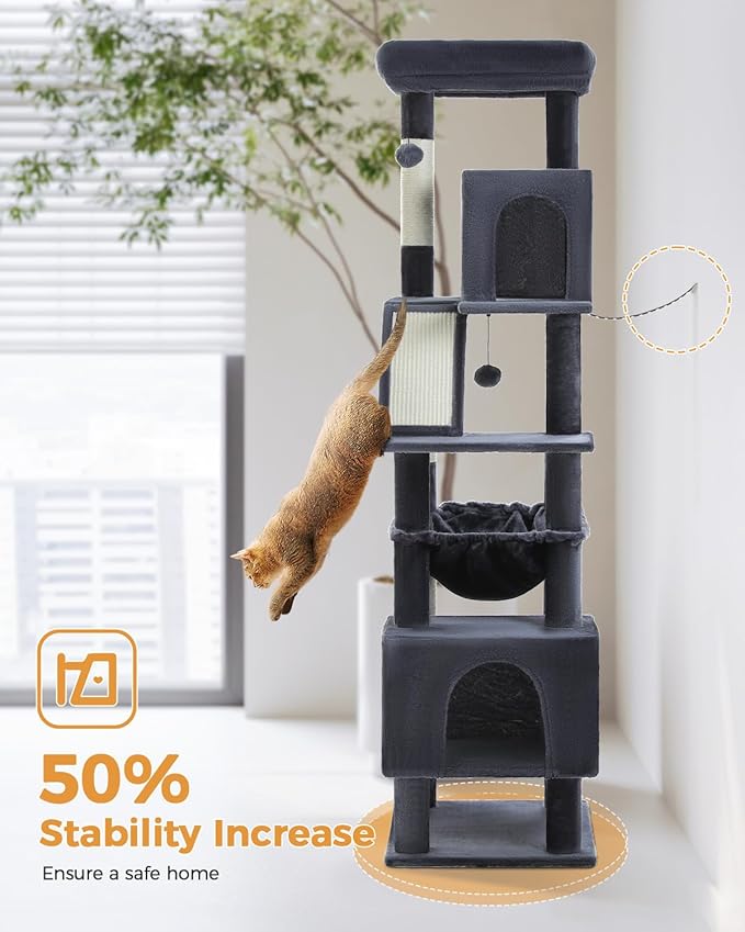 71" Tall Cat Tree for Large Cat 20 lbs with Super Large Hammock, Heavy Duty Cat Tower with 4 Sisal Scratching Posts & 2 Spacious Condos for Big Adult Cats Maine Coon -Dark Grey