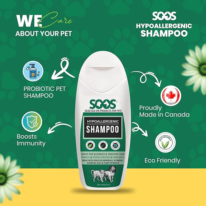 Soos Pet Shampoo Hypoaller-genic Cat and Dog Shampoo Natural Dead Sea Minerals Fast Absorbing Soothes Skin Irritation with Vitamins Essential Oils - 1 Pack (250ml)