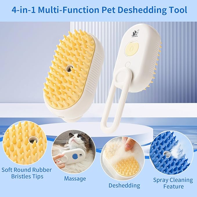 Cat Steam Brush for Shedding,4 in 1 Pet Steam Brush for Cats & Dogs,Deshedding,Massage,Cleaning & Anti-Static All In One,Suitable for Long & Short Haired Pets,Includes Waterless Shampoo,Yelow