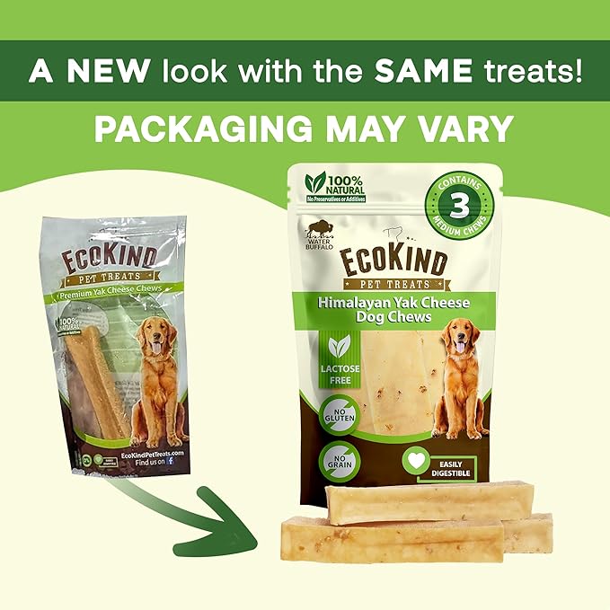 EcoKind Premium Gold Yak Cheese Himalayan Dog Chews, Healthy Dog Treats for Medium Dogs, All Natural, High Protein Dog Chew, Water Buffalo, Medium - 3 Chews