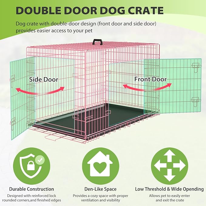 BestPet | Dog Crate | 42" | Pink | Foldable Metal Kennel with Double Doors, Secure Slide-Bolt Latches, Leakproof Tray | Portable Dog Cage for Large Breeds | for Travel, Indoor & Outdoor Use