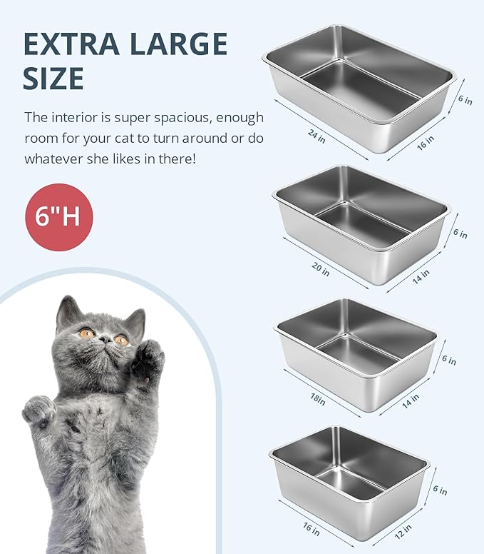 Stainless Steel Cat Litter Box, 6in Cat Litter Pan for Large Cats and Rabbits, Extra Large Metal Litter Box High Sides Odor Control Anti-Corrosion Nonstick