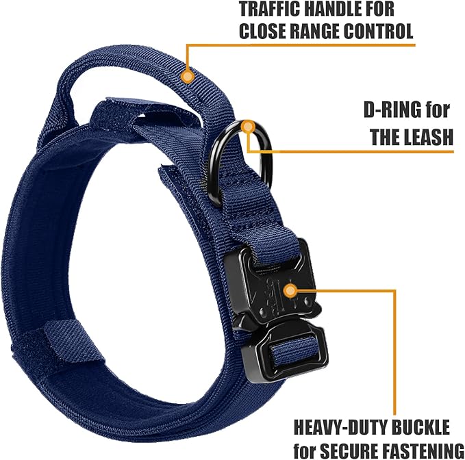 Tactical Bungee Leash & Military Dog Collar Set, USA Flag, Heavy Duty Metal Buckle, Airtag Case (Blue, L)