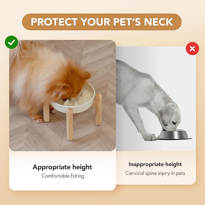 7.3inch Ceramic Dog Raised Slow Feeder Set, Elevated Bowl with Wooden Stand for Medium and Small Dog, Slow Feeder Dish for Fast Easters, Preventing Choking(Beige, Single Bowl+ Stand)