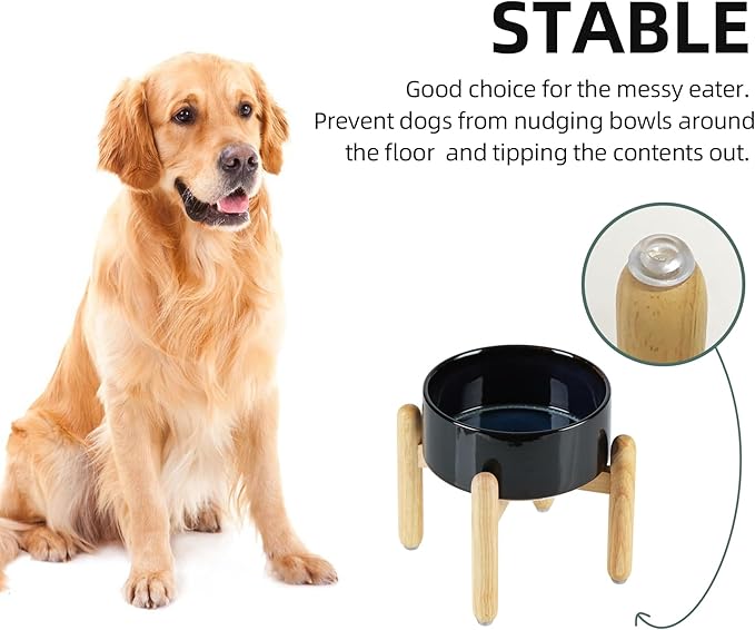Ceramic 7.3inch Raised Dog Bowl Set, Elevated with Wooden Stand, Food and Water Bowl for Medium Breed Dogs, Weighted Dog Dishes, Pet Feeder(Starry Sky)
