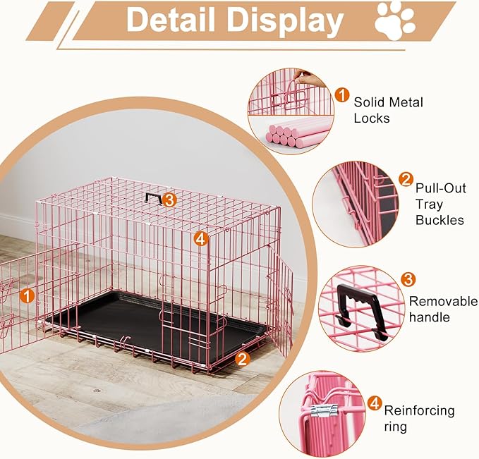FDW 30inch Dog Crate Pet Cage with Metal Folding Design Plastic Tray Indoor Outdoor Dog Kennel Cage for Small and Medium Dogs,Pink