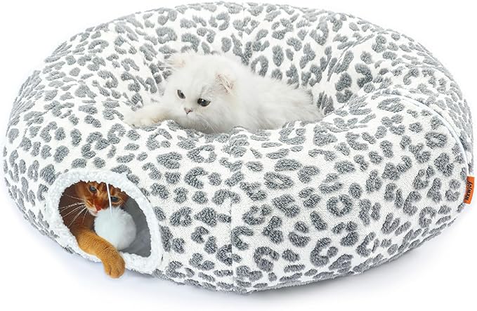 Cat Tunnel Bed for Indoor Cats 35.5 Inch XL Cat Donut Tunnels Cute Tubes Round Pet Play Tunnel Toy for Kitten Puppy Rabbit with Washable Circle Cushion Leopard Grey