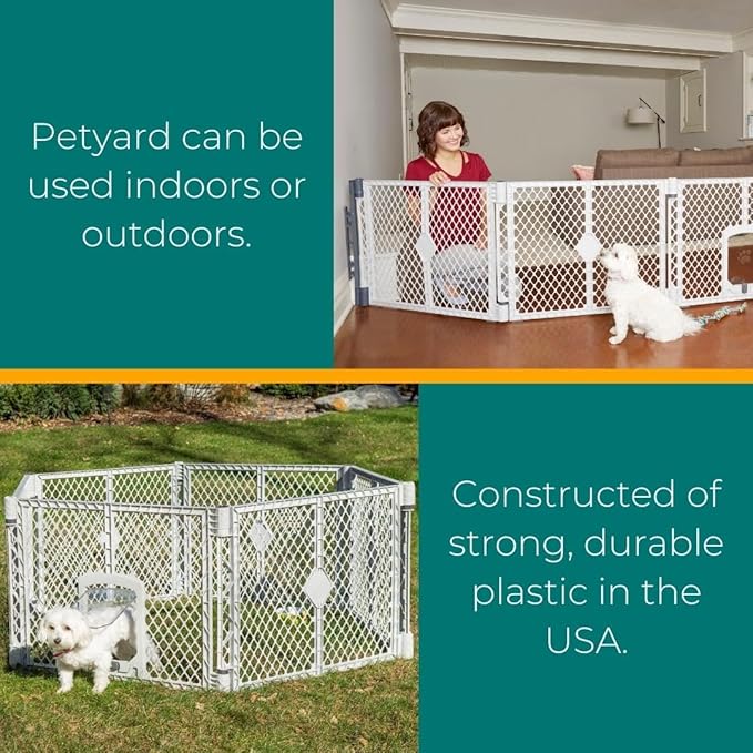 MyPet North States Petyard Passage: 6-Panel Dog Playpen or Dog Fence, Wall Mount Kit Included. Free Standing Play Pen 5.5 ft Corner to Corner, Lockable Pet Door. Made in USA. 26" Tall, Light Gray