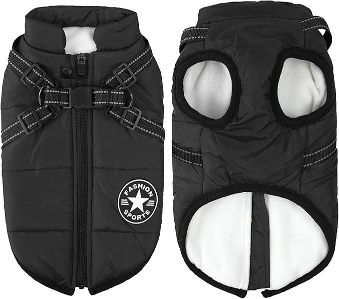 Aiboria Dog Coat for Winter Waterproof Dogs Jackets Windproof Fleece Small Dog Vest Harness Winter Padded Pet Black M