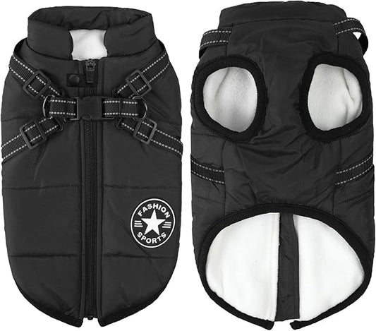 Aiboria Dog Coat for Winter Waterproof Dogs Jackets Windproof Fleece Small Dog Vest Harness Winter Padded Pet Black M