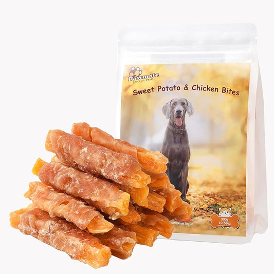Chicken Jerky Wrapped Sweet Potato Dog Treats w/Taurine, Healthy Dog Snacks Low Fat High Protein, Chewy Training Rewards Treats for Small Medium Large Breeds,10.6oz, 13-17 Counts
