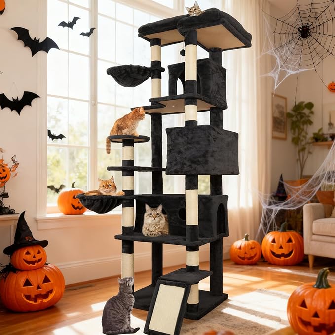 84.6in Cat Tree, Patent Fabric Multilevel Cat Tower for Adult Cats, Climbing Tree House and Towers with Condo Hammock Scratching Post Large Platform Wide Base (Dark Gray, 84 in)