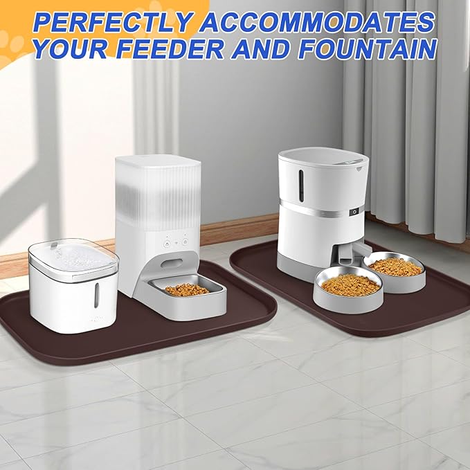 Silicone Pet Feeding Mat with Raised Edge for Food and Water, Dog Bowl Mats, Cat Bowls Placemat with High Lip for Floor Waterproof, Rubber Tray for Cats and Dogs 22 x 14 x0.8 Dark Brown