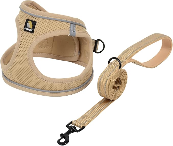 BELLA & PAL Step in Vest Harness for Small and Medium Dogs, No Pull Small Dog Harness with Leash Set, Comfortable Air Mesh Dog Vest Harness with Reflective Strip (Khaki, L)