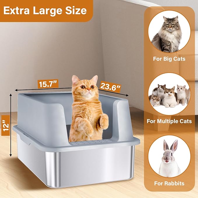 XL Stainless Steel Litter Box 2 Pack, 24x16x12 Inches Extra Large High Sided Metal Cat Litter Box with Lid, Easy Clean, Non Stick & No Smell