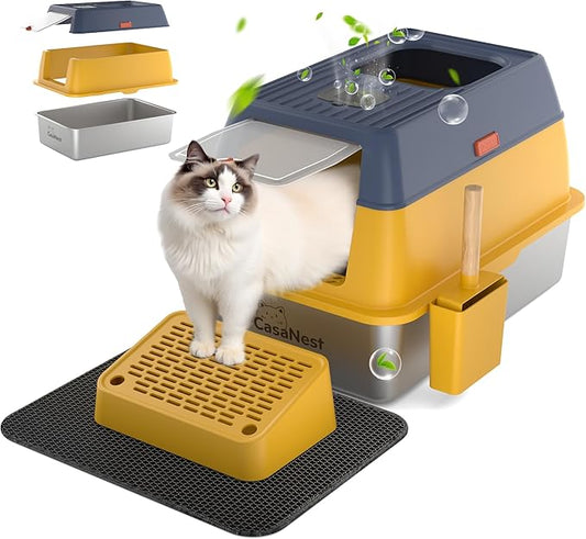 3-in-1 Stainless Steel Cat Litter Box with Lid, Enclosed Top Entry Metal Litter Box for Large Cats, Non-Stick & Odor Control, Leak-Proof, Easy Cleaning for Multi-Cat Home, Extra Large, Yellow