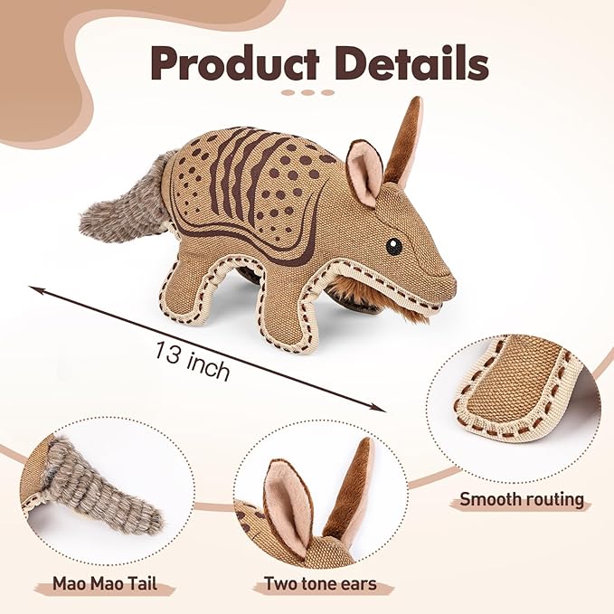 Tough Durable Squeaky Dog Toys for Aggressive chewers Interactive to Keep Them Busy, Funny Plush Dogs Toy for Small Medium Large Chewer Cute Birthday Gift (Armadillo)