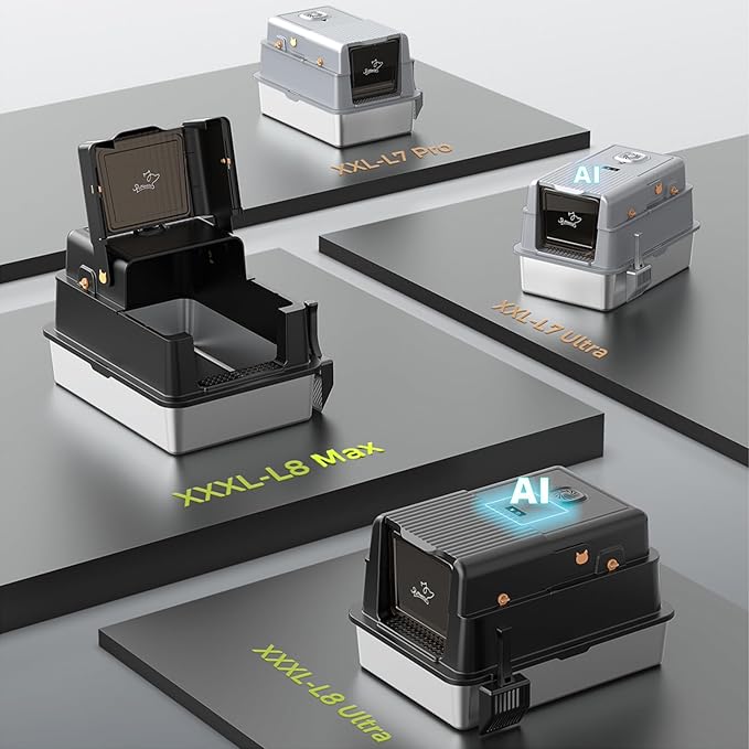 L8 Max-XXXL Stainless Steel Litter Box with Lid, 28" L x 20.5" W x 17.4" H Large Cat Litter Box for Big Cats, Cat Litter Deodorizer Included, High Sided Enclosure with Scoop & Mat, Anti-Leakage-Black