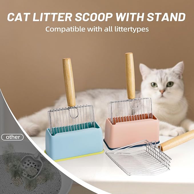 Metal Cat Litter Scoop Kitty Metal Scooper with Hook and Hole, Heavy Duty Stainless Steel Shovel with Wooden Stainless Steel Kitten Poop Lifter for Litter Box(Blue)
