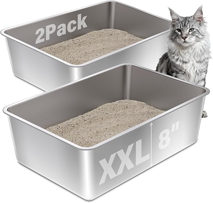 Stainless Steel Litter Box 2Pack, XL Extra Large Metal High-Sided Litter Boxer for Big Cat,Multiple Cats,Easy to Clean,Non Stick and No Smell,23.6x15.7x8inch