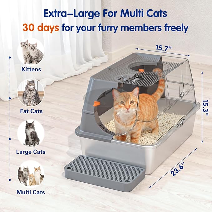 Front & Top Entry Stainless Steel Litter Box with Lid,Cat Litter Box Enclosure,Extra Large Enclosed,Non-Sticky Metal Pan,Anti-Leakage,Odor Control,Easy Clean,Covered for Indoor Cats,Includes Scoop Set