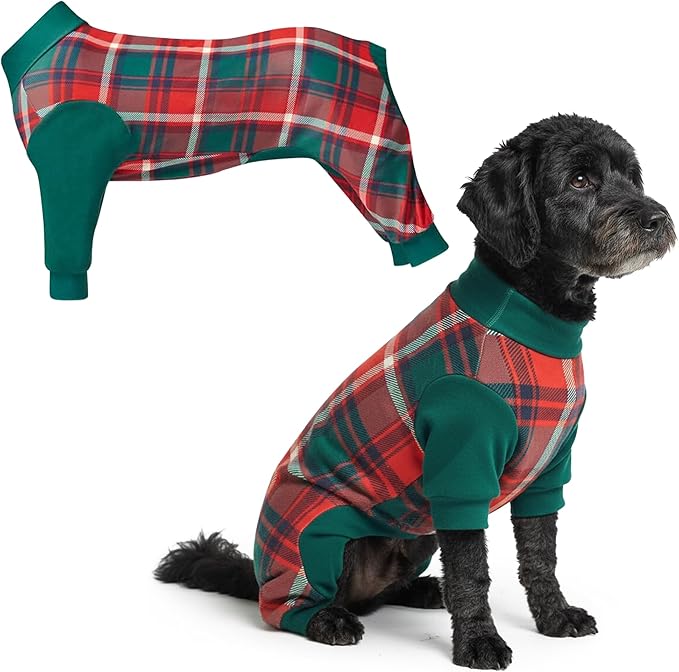 Spark Paws Dog Christmas Pajama, Dog Recovery Suit Male, Onesie, Ultra-Soft and 4-Way Stretch, for Small Medium and Large Breeds - Green and Red Plaid - 2XL