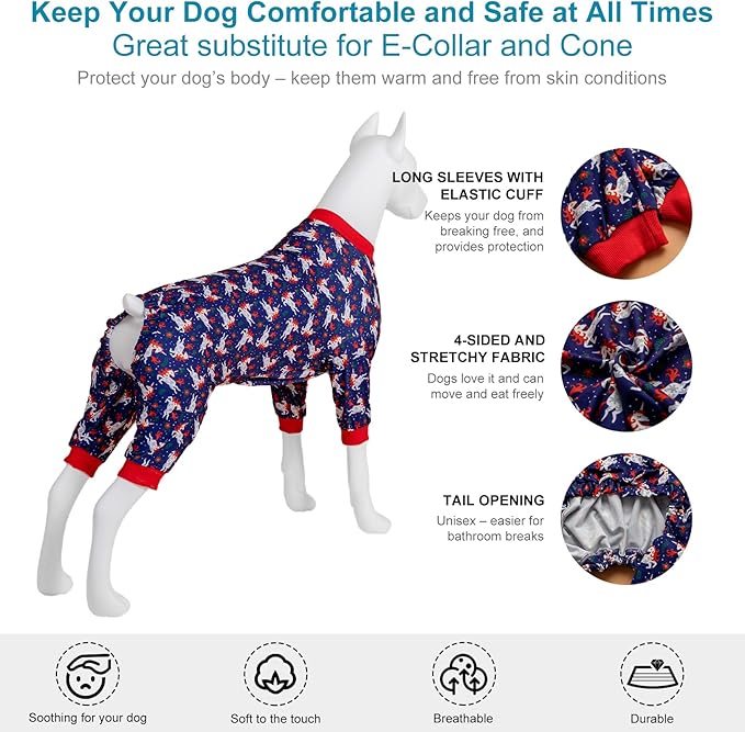 LovinPet Recovery Bodysuit for Large Dogs, Wound Care Cotton Pullover Pajamas, Cozy Stretchy Fabric, Navy Unicorns Print, Dog PJs, Surgery Recovery Suit, Pitbull Party Clothes,Large