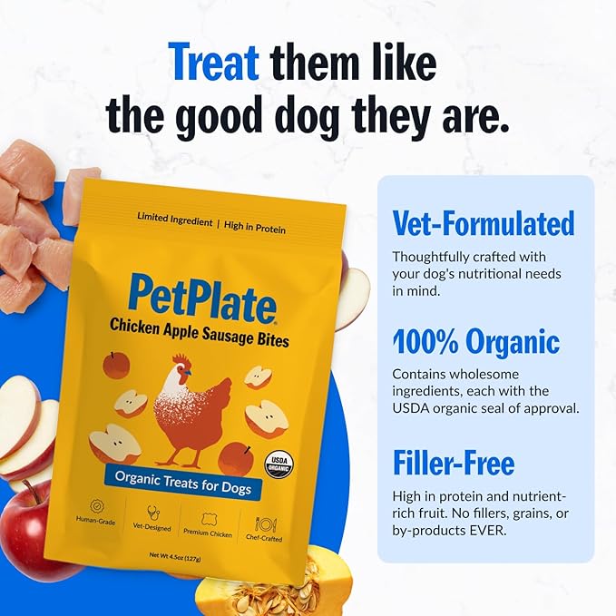 PetPlate Chicken Apple Sausage Bites, Human Grade Dog Treats, All Life Stages, Grain-Free, Organic and Real Ingredients, High Protein, Healthy Snacks (Pack of 1, 4.5 Ounce)
