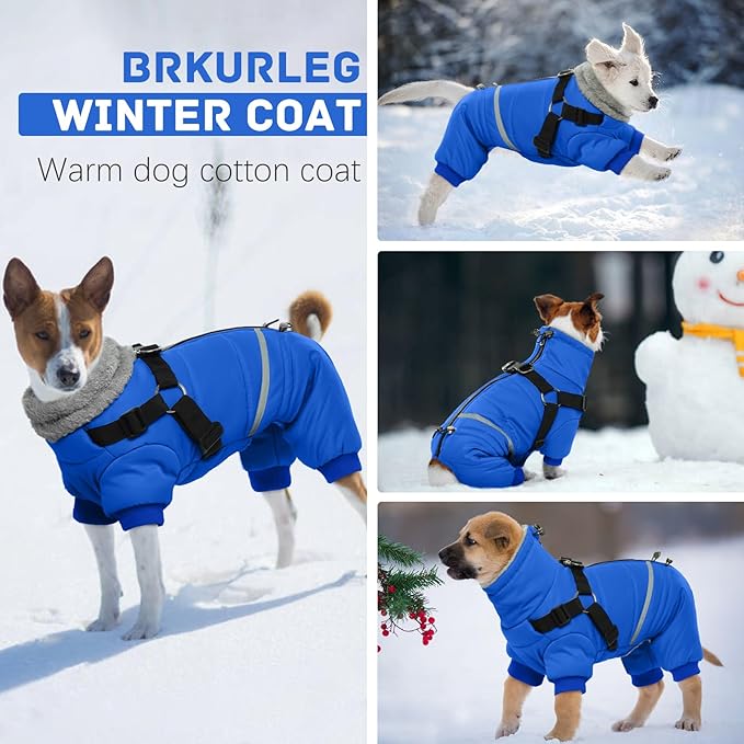 BRKURLEG Blue Dog Winter Coat, Cozy Winter Dog Jackets, Small Medium Dogs Coat with Harness, Onesie Body Warm Puppy Christmas Jacket, Pet Cold Weather Jackets, Puppy Four-Legged Puffer Coats, XXL