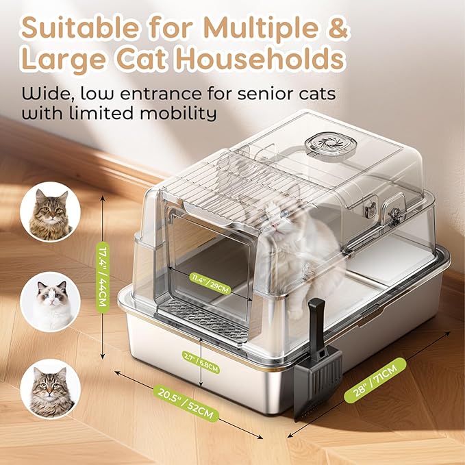 L8 Max-XXXL Stainless Steel Litter Box with Lid, 28" L x 20.5" W x 17.4" H Large Cat Litter Box for Big Cats, Cat Litter Deodorizer Included, High Sided Enclosure with Scoop & Mat, Anti-Leakage-Black