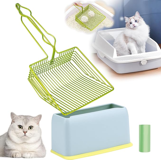 DHXYZZB Cat Litter Scoop with Holder, Metal Cat Litter Scoop Deep Shovel Kitty Poop Scooper Stand for Litter Box, Fast Sifting Non-Stick Cat Poop Sifting with Container to Store cat Scooper