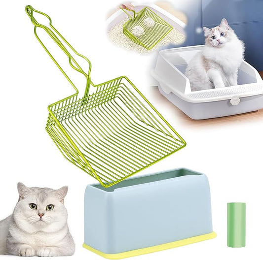 DHXYZZB Cat Litter Scoop with Holder, Metal Cat Litter Scoop Deep Shovel Kitty Poop Scooper Stand for Litter Box, Fast Sifting Non-Stick Cat Poop Sifting with Container to Store cat Scooper