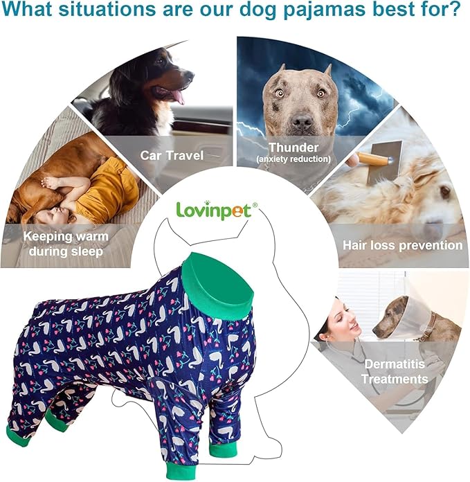 LovinPet Dog Pajamas for Large Dogs Pitbull, Wound Care, Post Surgery Cotton Pullover Pet Pajamas,Stretchy Fabric,Midnight Blue Swan Print, Pitbull Party Clothes,Pullover Dog Costume,Medium
