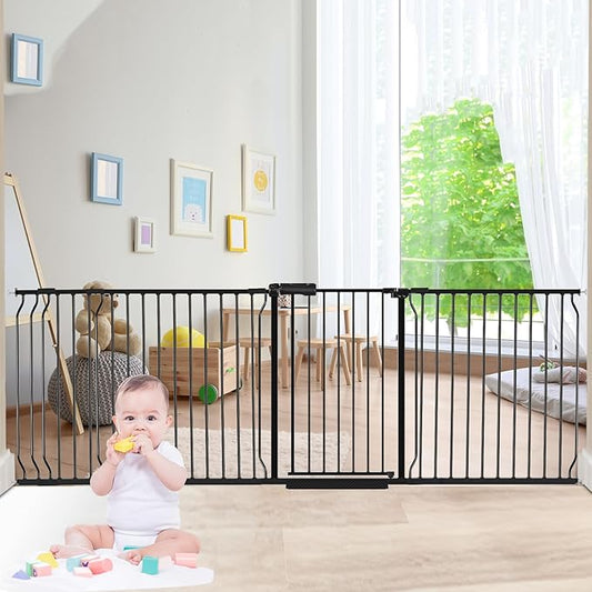 Extra Wide Baby Dog Gates for Doorways Tension Indoor Safety Gates Black Metal Large Pressure Mounted Pet Gate Walk Through Dog Gate for The House Stairs (Black, 86.3"-105"/219-267CM)