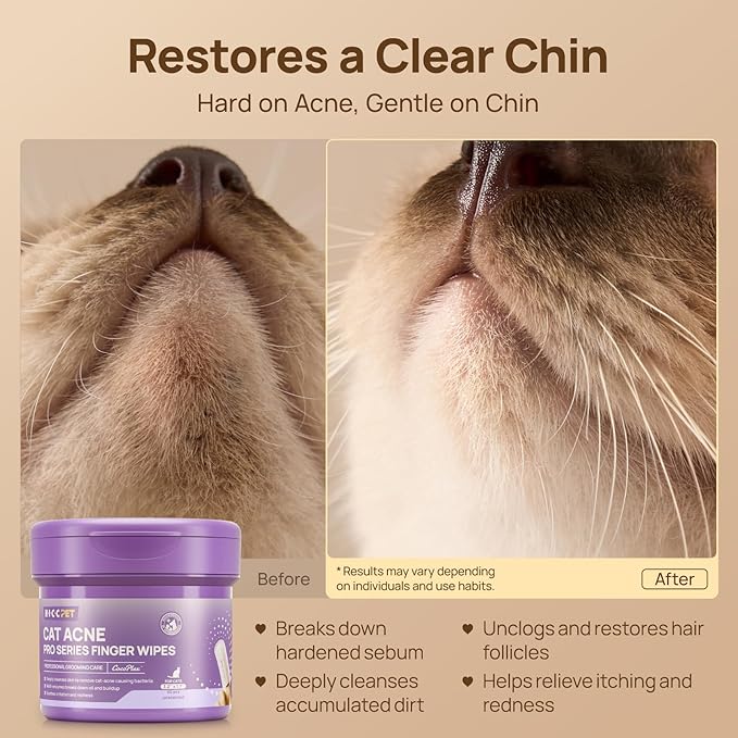 HICC PET Cat Chin Acne Finger Wipes – Gentle Enzyme Complex Care for Feline Acne & Blackheads, Vet Recommended Daily Chin Cleaning Wipes, No-Rinse Natural Formula