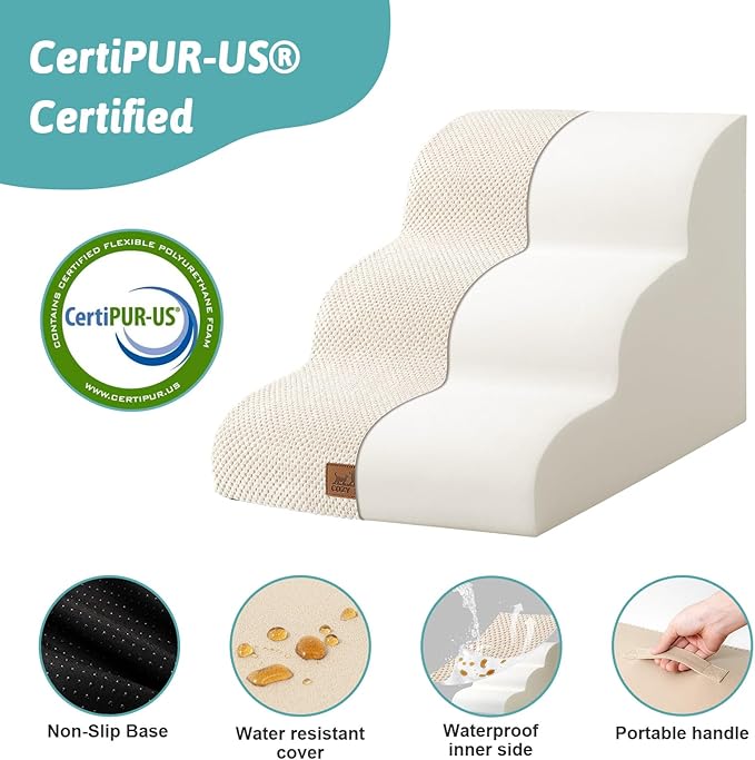 Dog Stairs for Small Dogs 15.7" H, Curved Dog Step for Puppy, Older Cat, Medium Pet Ramp for Sofa, Couch or Chair, Ladder with High Density Foam, 3 Step, 15.7x22.4x15.7 inch, Beige