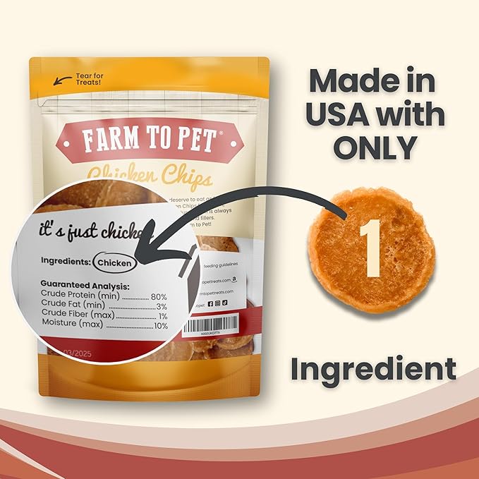 Farm To Pet - Dog Training Treats - Chicken Chips, Single Ingredient - 4 oz, Lean, All Natural, Healthy Dog Treats for Small, Medium, Large Breeds, & Puppies, Made in USA