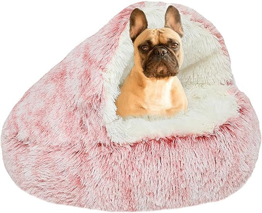YUDANSI Small Dog Bed Hooded, Cat Cave Bed for Indoor Cats with Covered Hood for Small Dogs Cats Puppy, Plush Faux Fur Enclosed Nest(pink-26'')