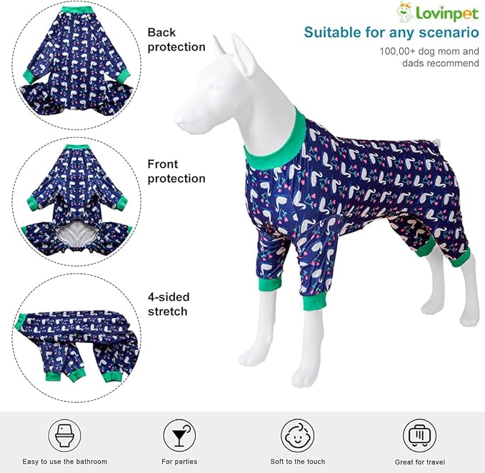 LovinPet Dog Pajamas for Large Dogs Pitbull, Wound Care, Post Surgery Cotton Pullover Pet Pajamas,Stretchy Fabric,Midnight Blue Swan Print, Pitbull Party Clothes,Pullover Dog Costume,Large
