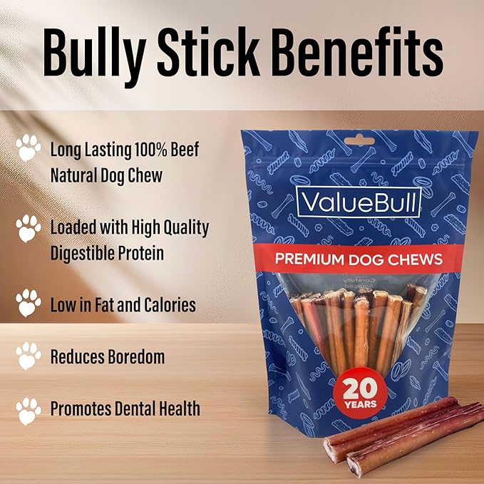 ValueBull Bully Sticks for Dogs, Medium 6 Inch, 25 Count - All Natural, Grass Fed, Single Ingredient, Long Lasting Dog Treats
