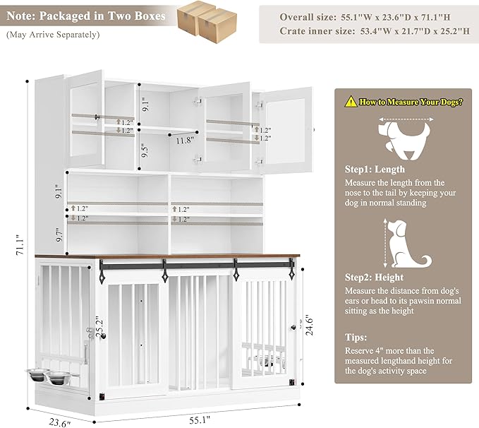 HOSTACK 71" Tall Dog Crate Furniture, 55" W Dog Kennel with Storage Hutch, XL Dog Crate for 2 Dogs with Feeding Bowls, Indoor Heavy Duty Dog Cage with Removable Room Divider, Wooden Pet House, White