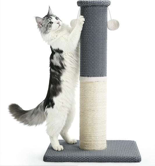 Made4Pets Tall Cat Scratching Post, Heavy Duty and Thicker Scratching Posts for Indoor Cats Adults, 23.6" Natural Sisal Cat Scratcher with Hanging Balls, Sturdy Base Cat Scratch Post, Light Grey